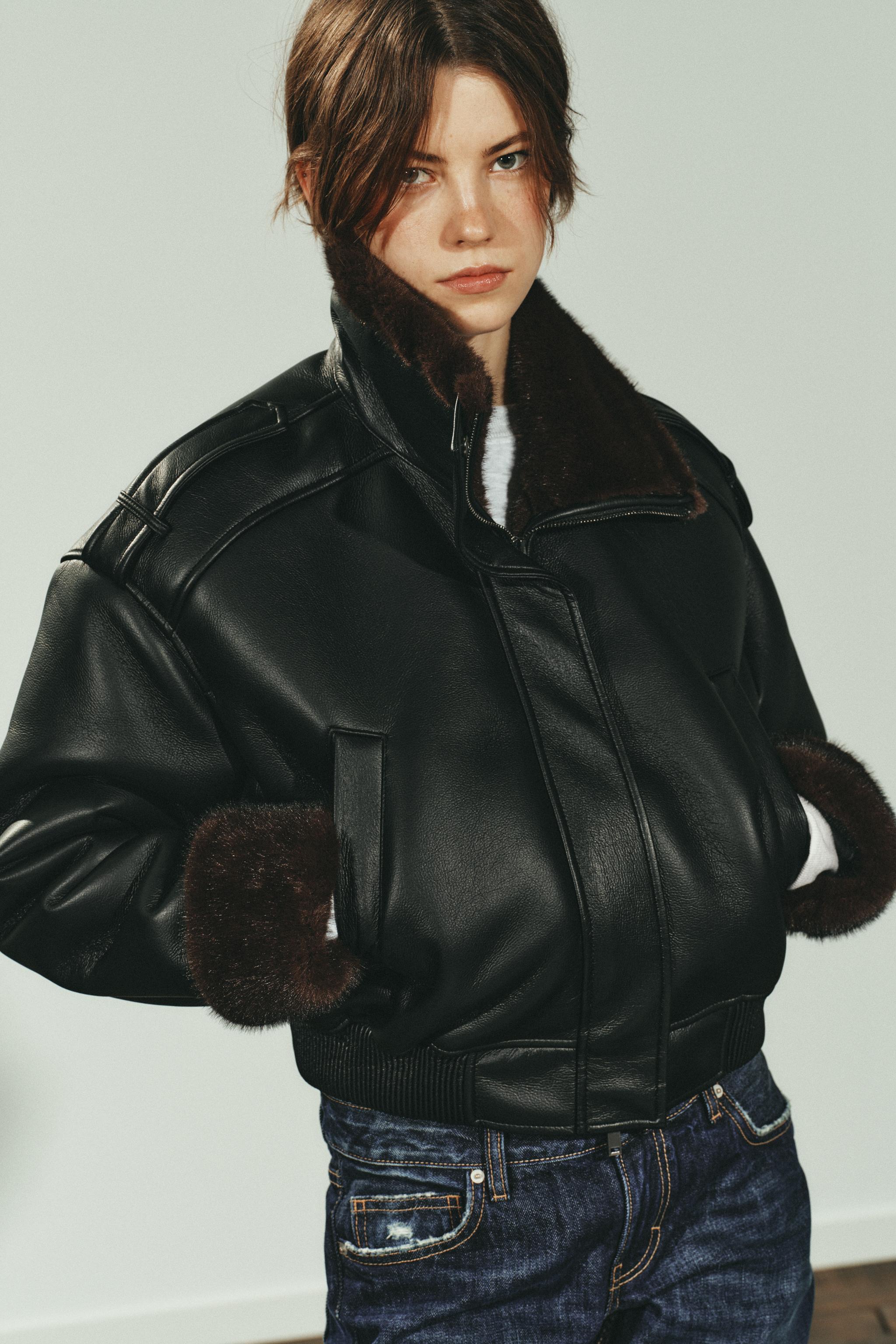 DOUBLE FACED FAUX LEATHER BOMBER JACKET
